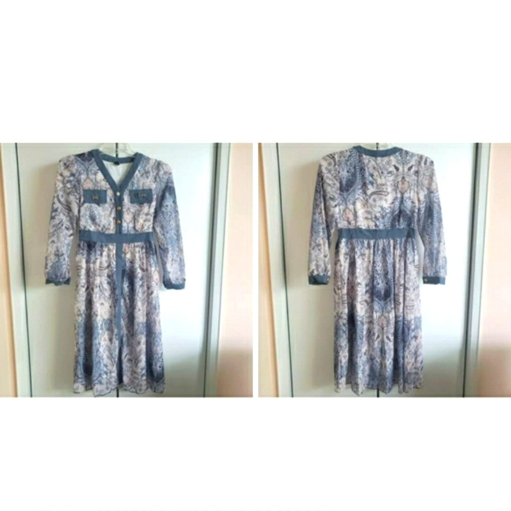 Blue and White V-Neck Sundress with Bishop Sleeves